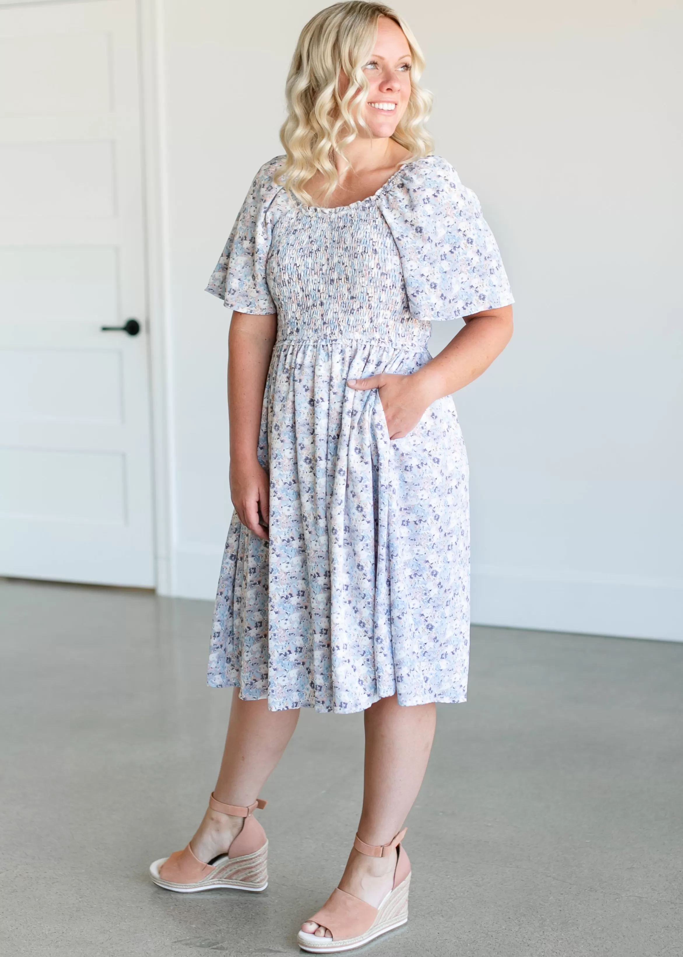 Mikarose Square Neck Smocked Floral Midi Dress Best Sale