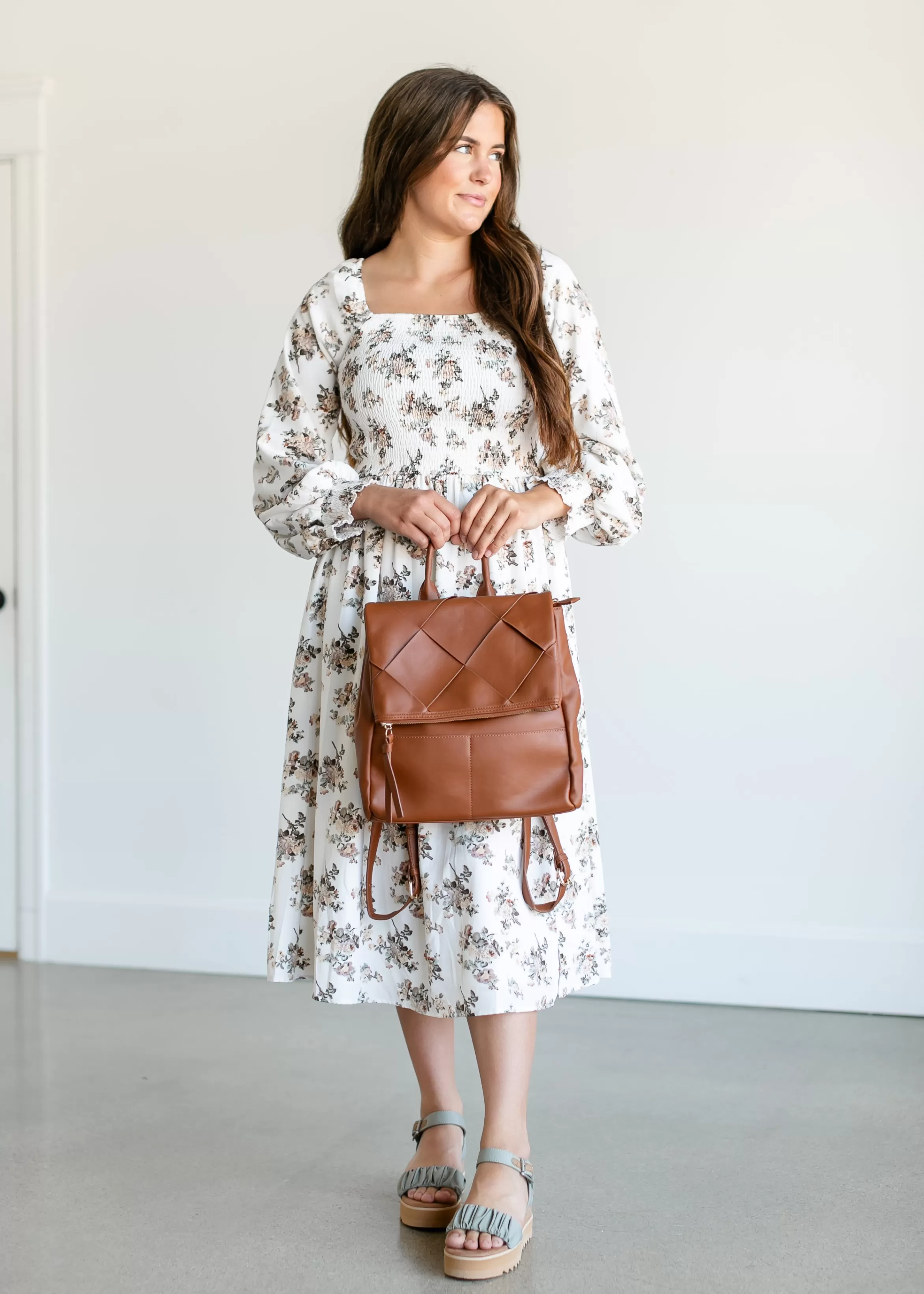 Mikarose Square Neck Smocked Rose Midi Dress New