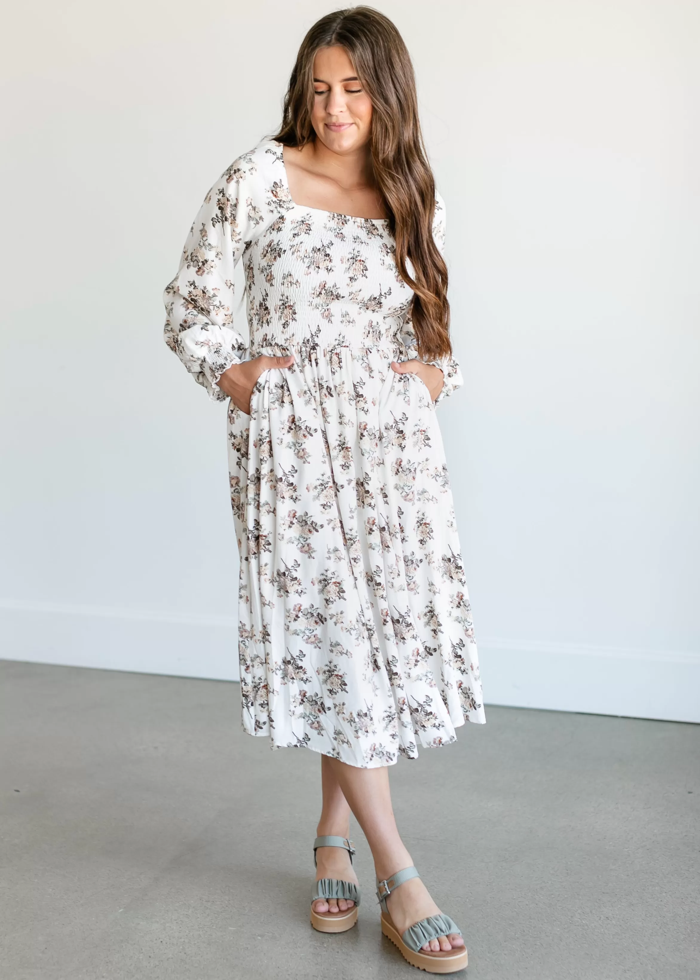 Mikarose Square Neck Smocked Rose Midi Dress New
