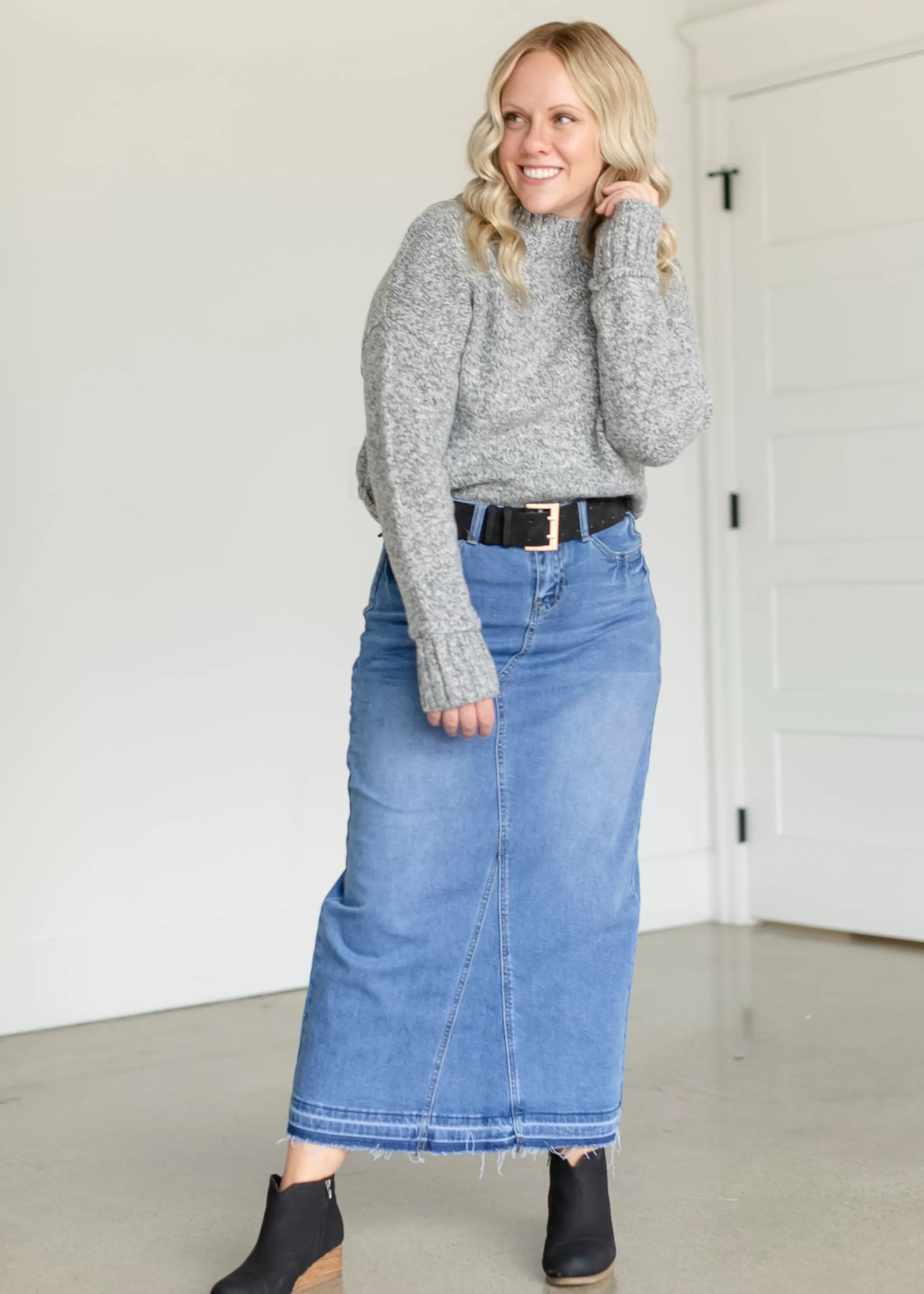 * Stacy Raw Hem Long Denim Skirt Sale