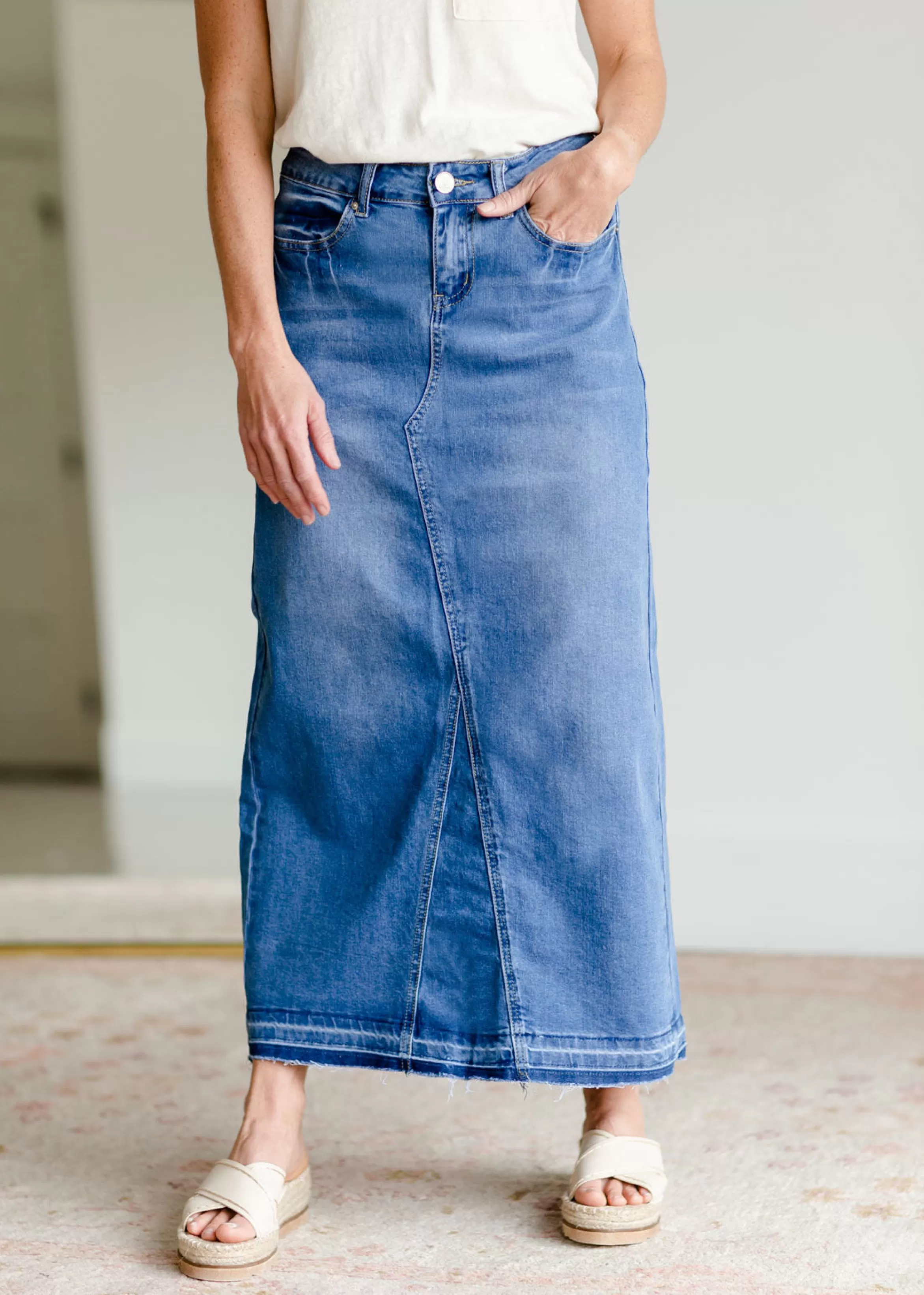 * Stacy Raw Hem Long Denim Skirt Sale