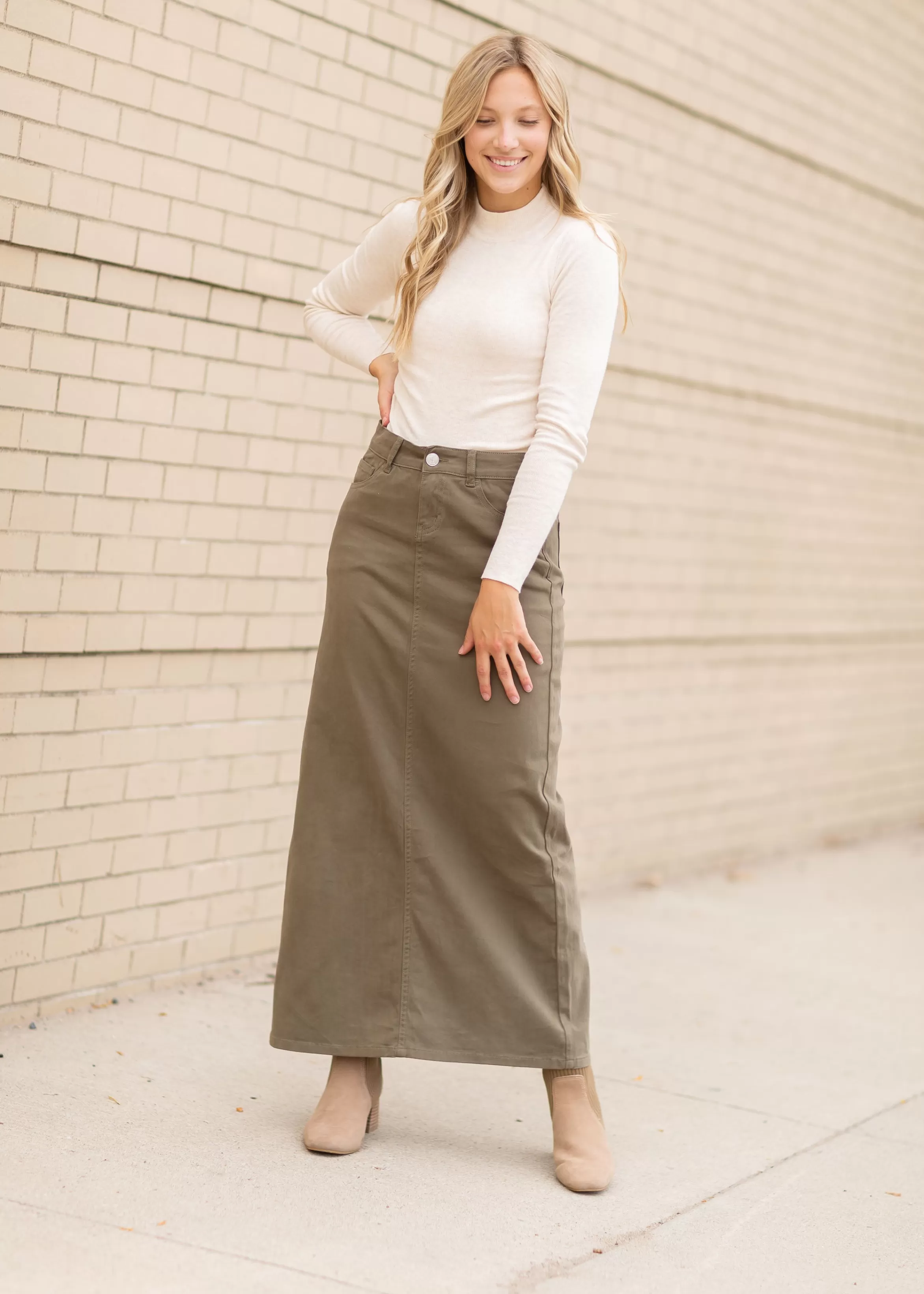 * Stella Burnt Olive Denim Maxi Skirt Outlet
