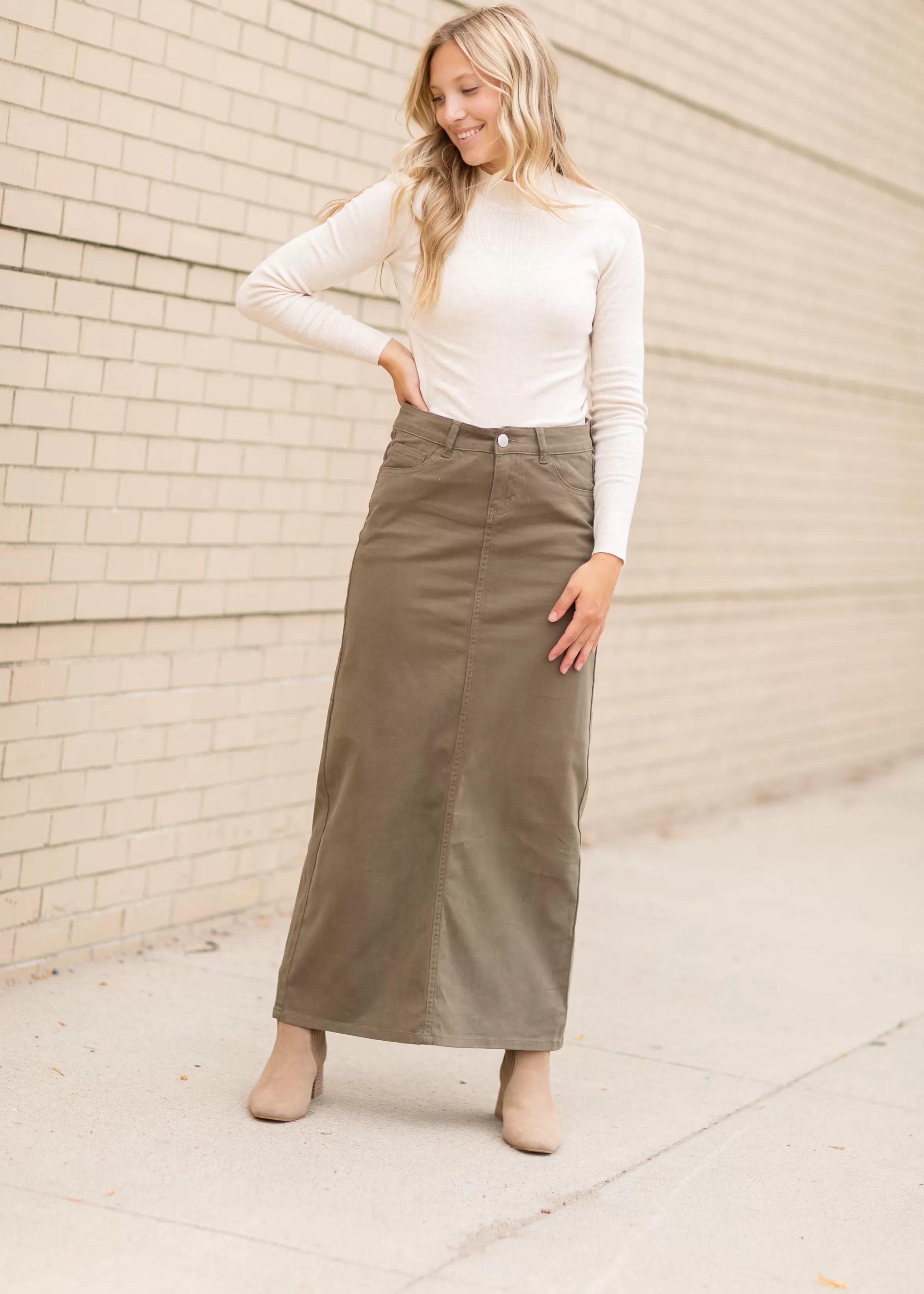 * Stella Burnt Olive Denim Maxi Skirt Outlet