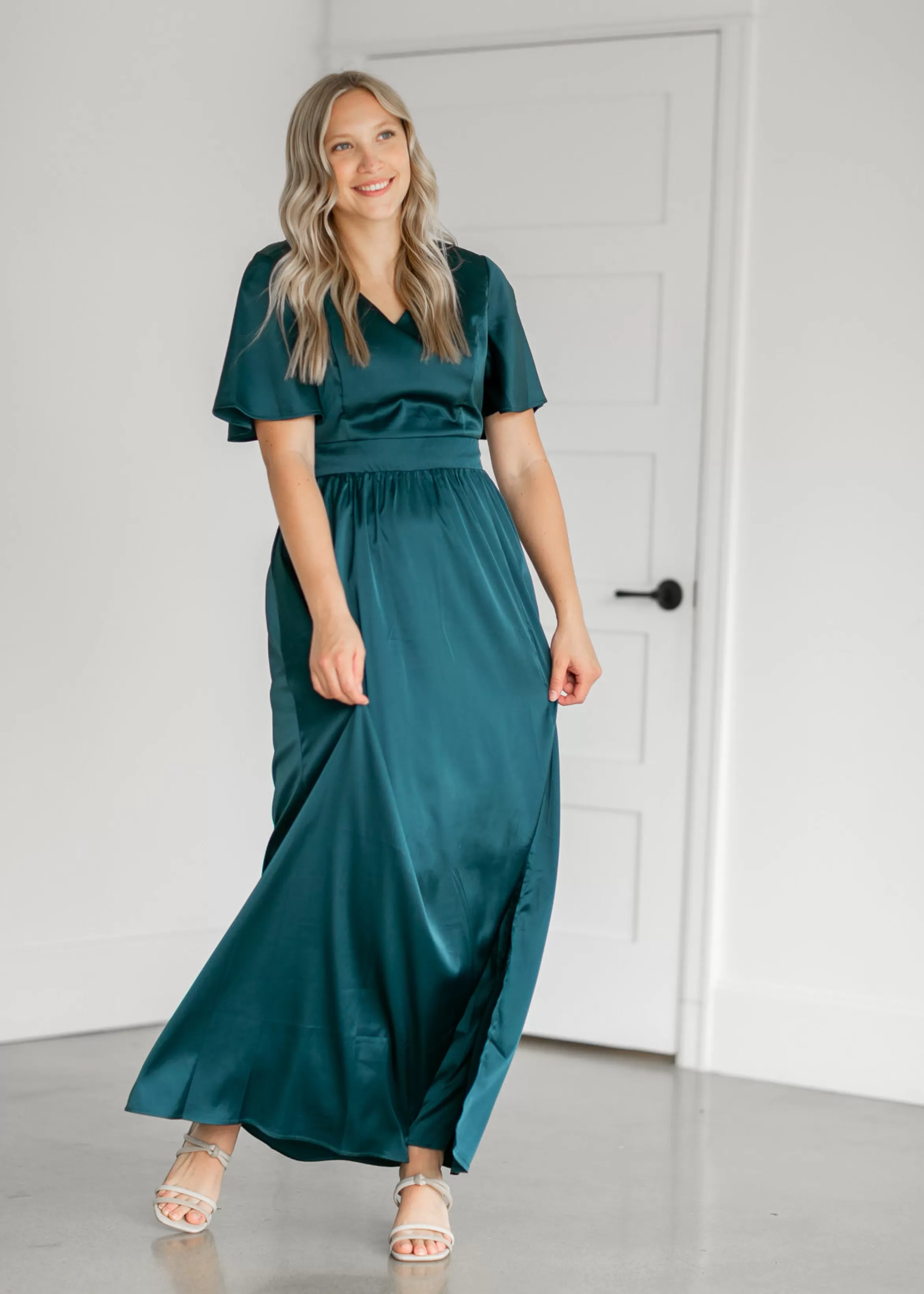 Tea N Rose Stretch Satin Teal V-Neck Maxi Dress Sale