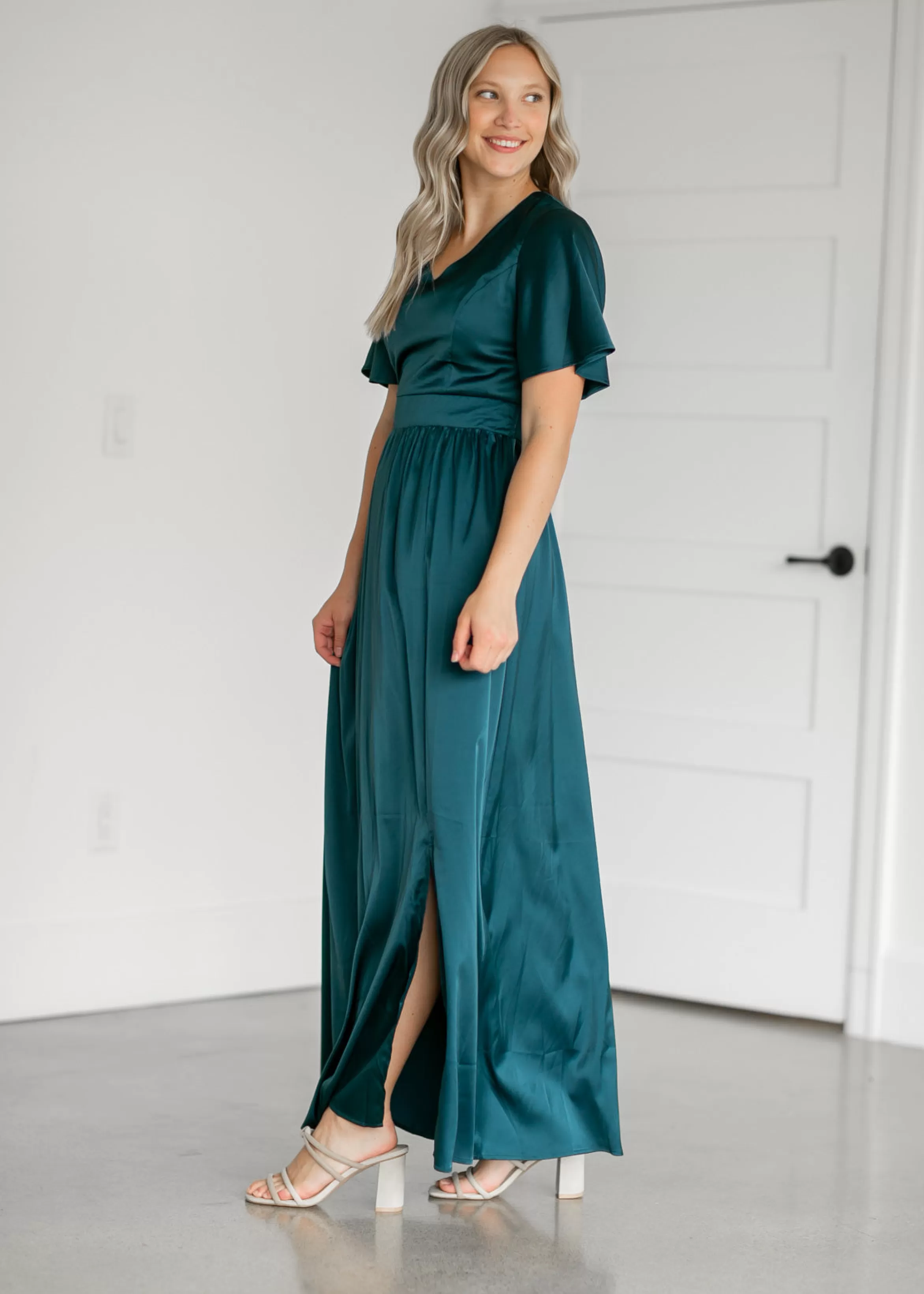 Tea N Rose Stretch Satin Teal V-Neck Maxi Dress Sale