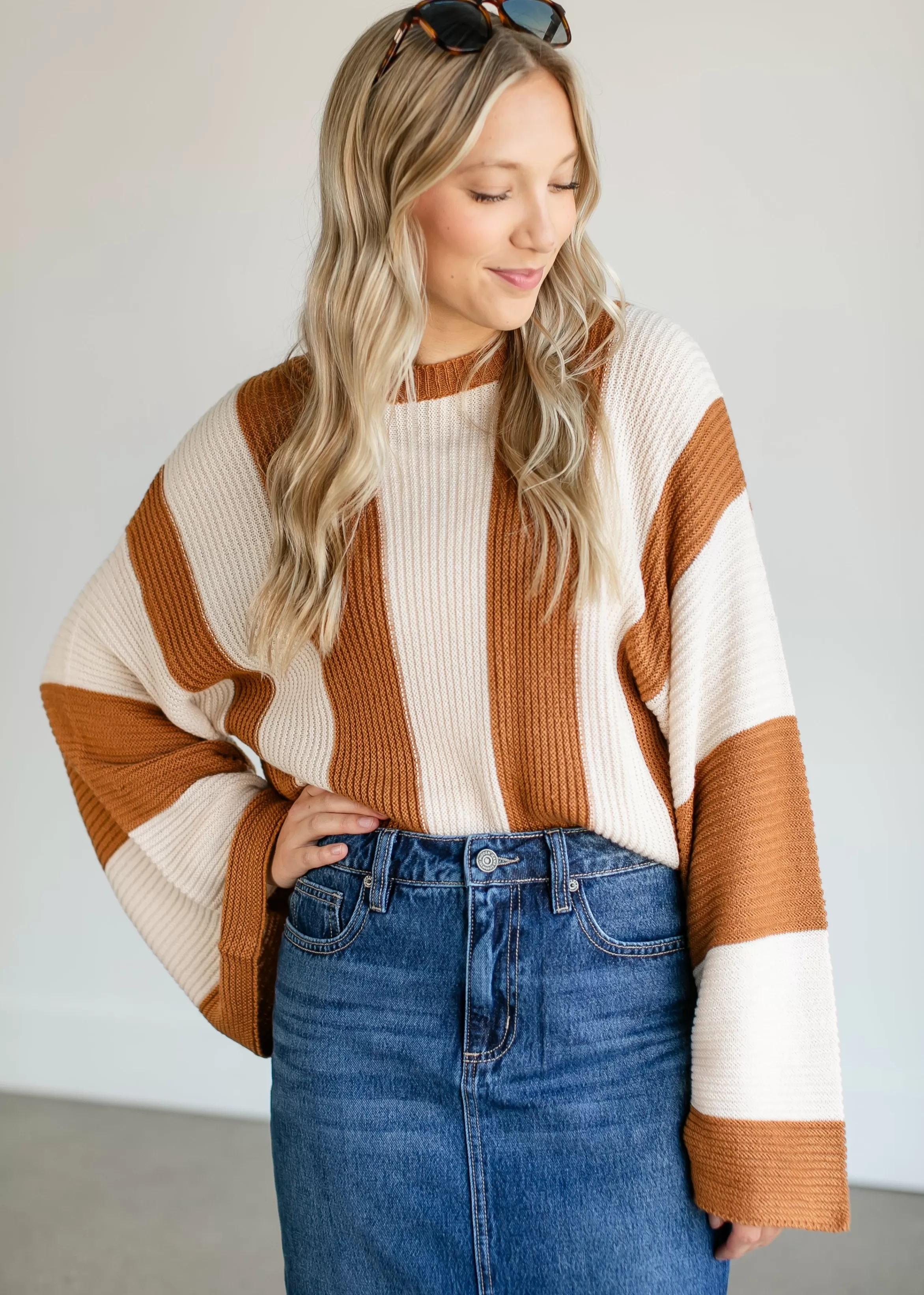 Polagram + BaeVely Striped Bell Sleeve Knit Sweater Cheap
