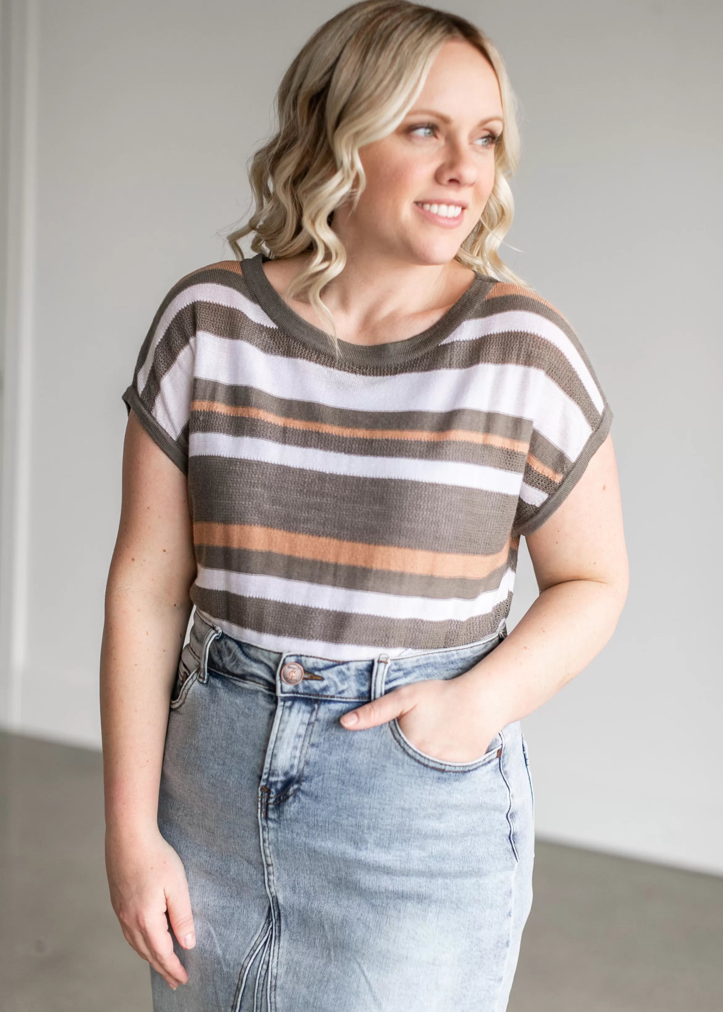 Staccato Striped Knit Dolman Short Sleeve Top Online