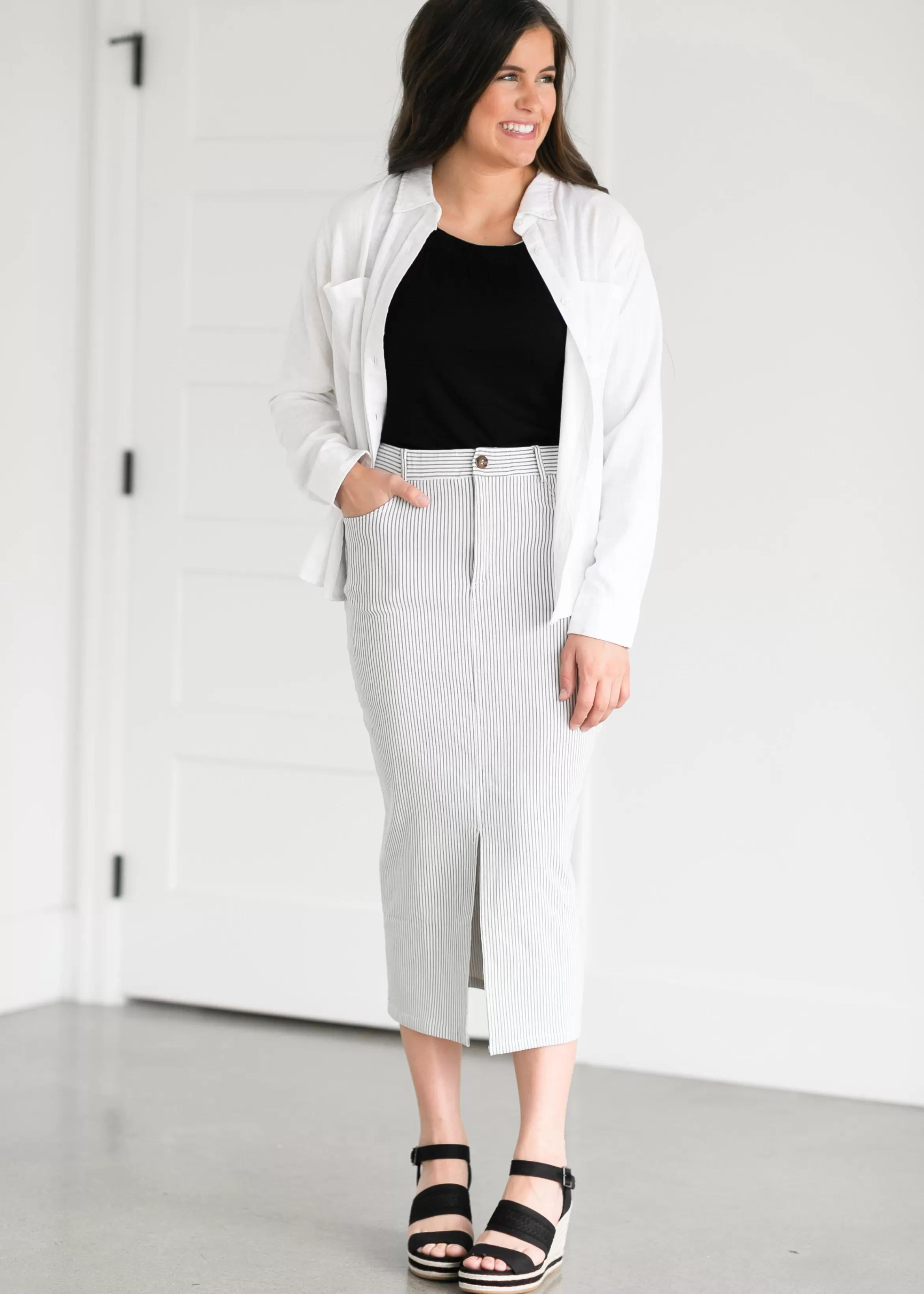 Hayden Striped Stretch Midi Skirt Shop