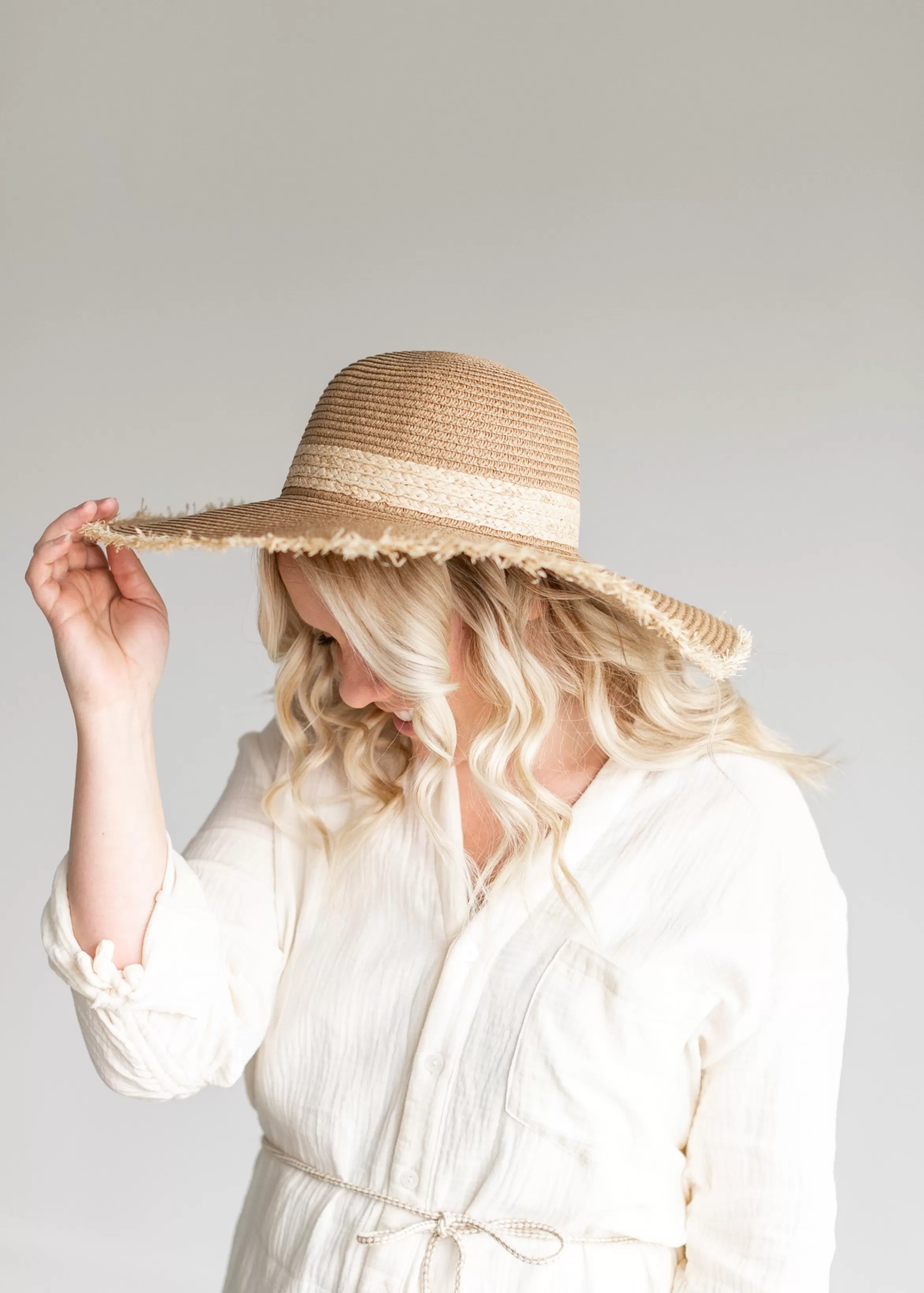 Accessorize Me Taupe Frayed Edge Straw Floppy Hat Cheap