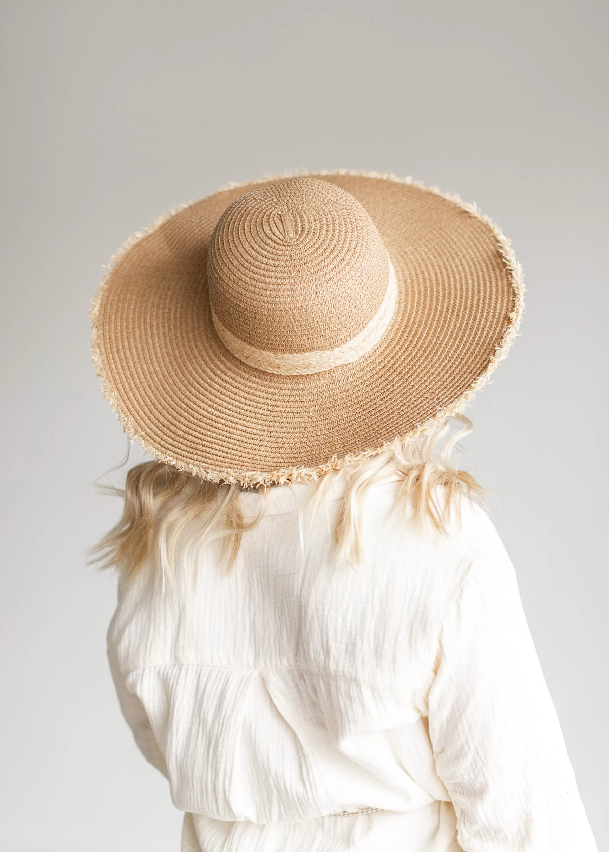 Accessorize Me Taupe Frayed Edge Straw Floppy Hat Cheap
