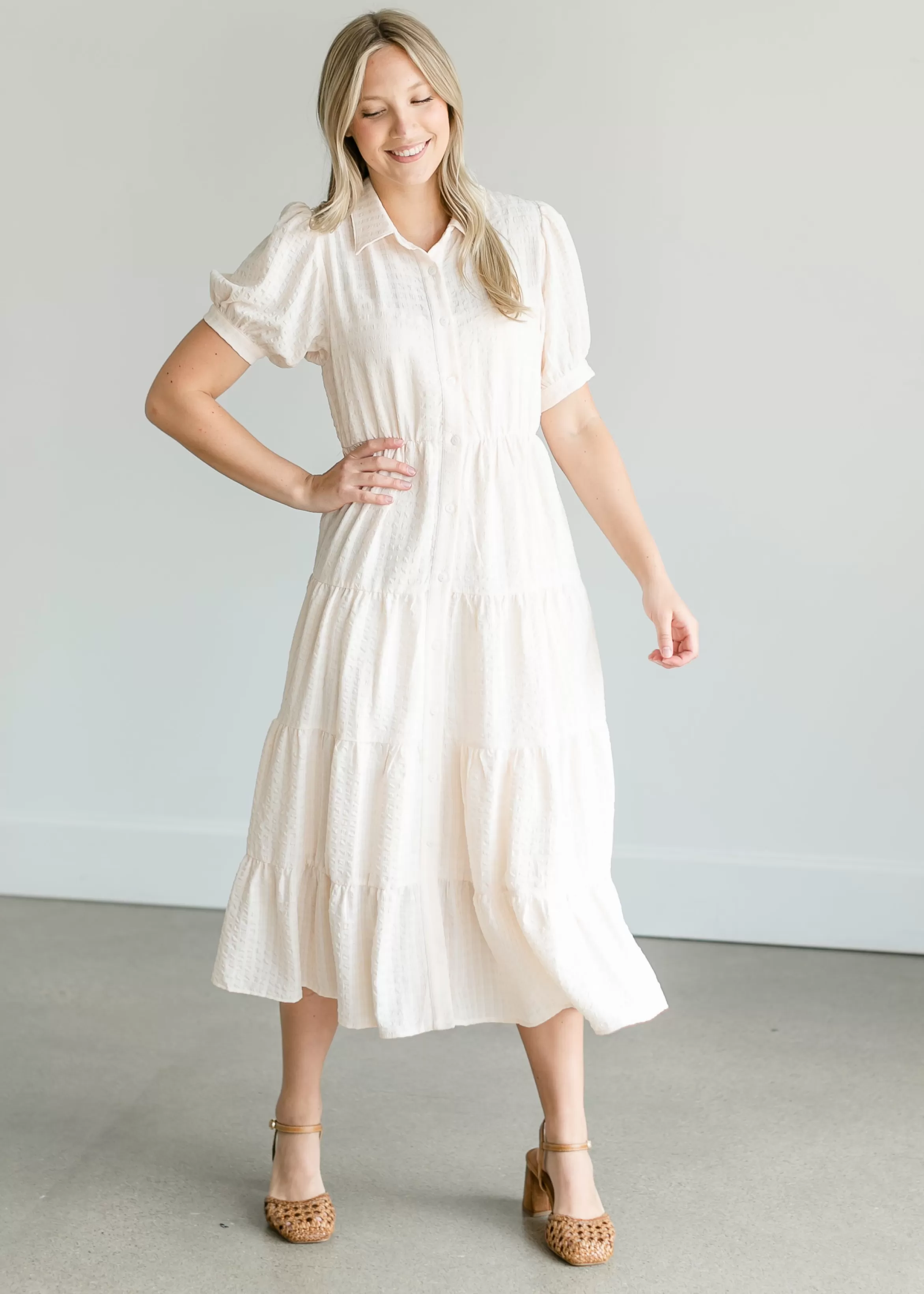 Vanilla Bay Tiered Short Sleeve Midi Shirtdress Cheap