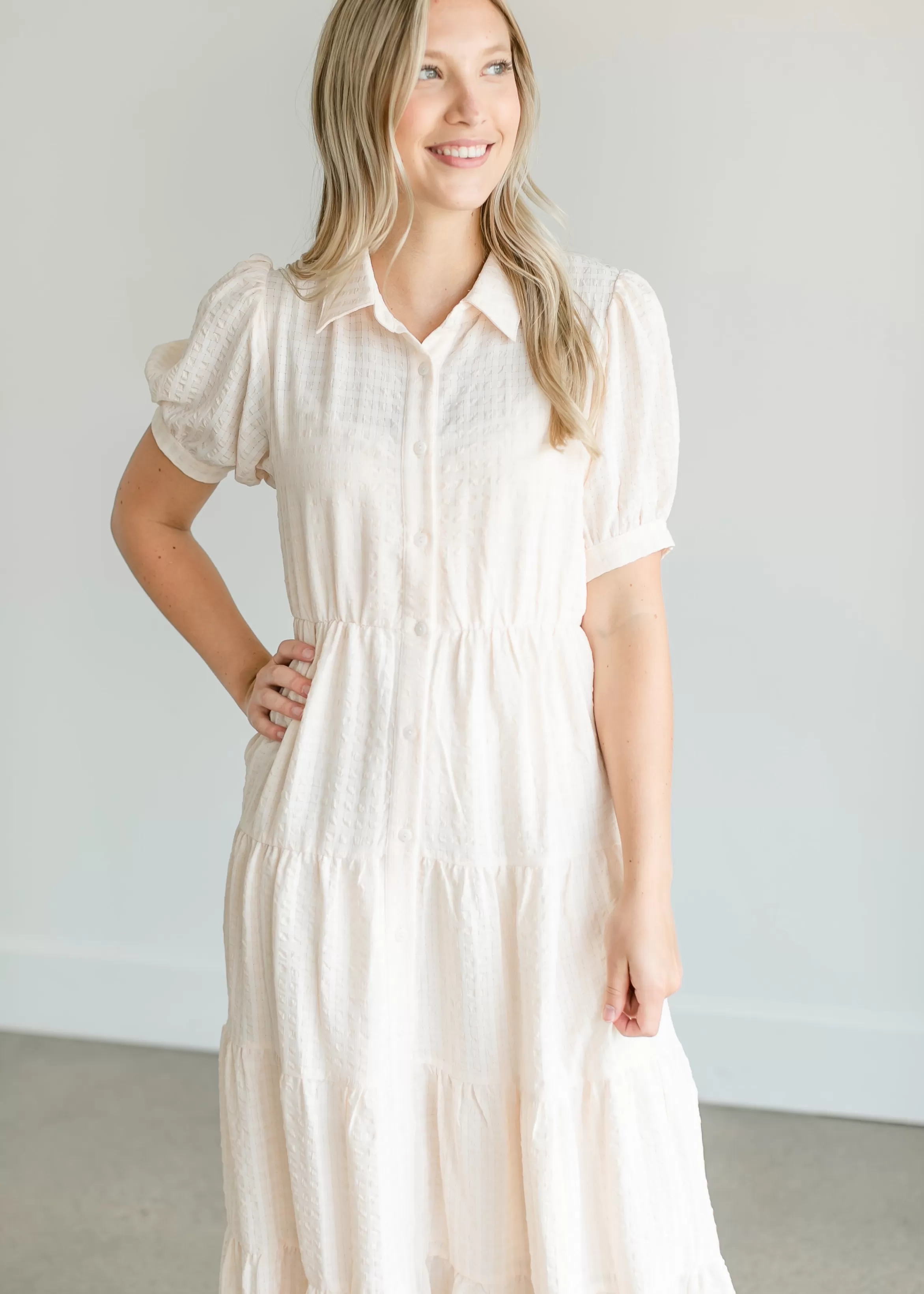 Vanilla Bay Tiered Short Sleeve Midi Shirtdress Cheap