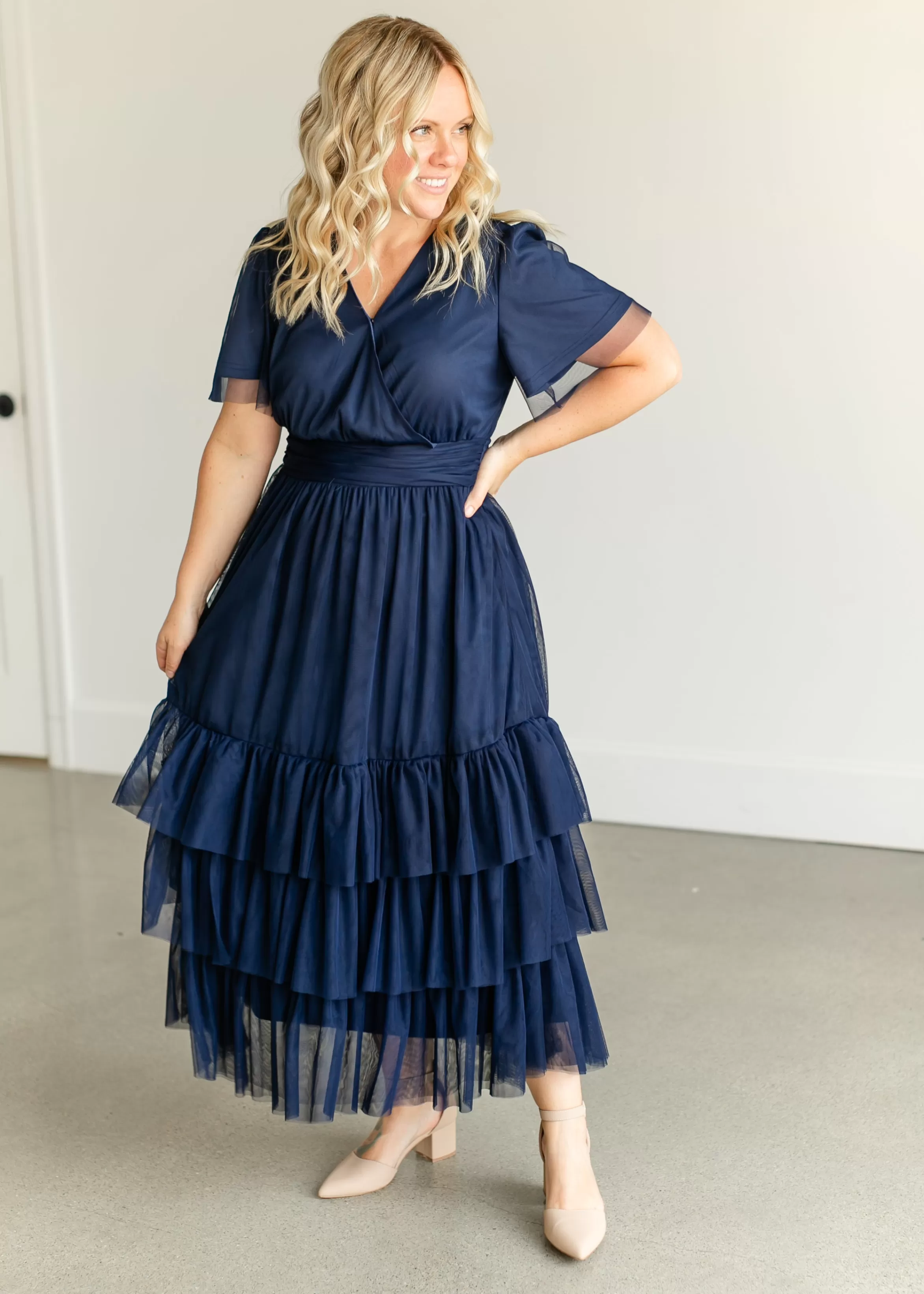 Tea N Rose Tulle Tiered Short Sleeve Maxi Dress New