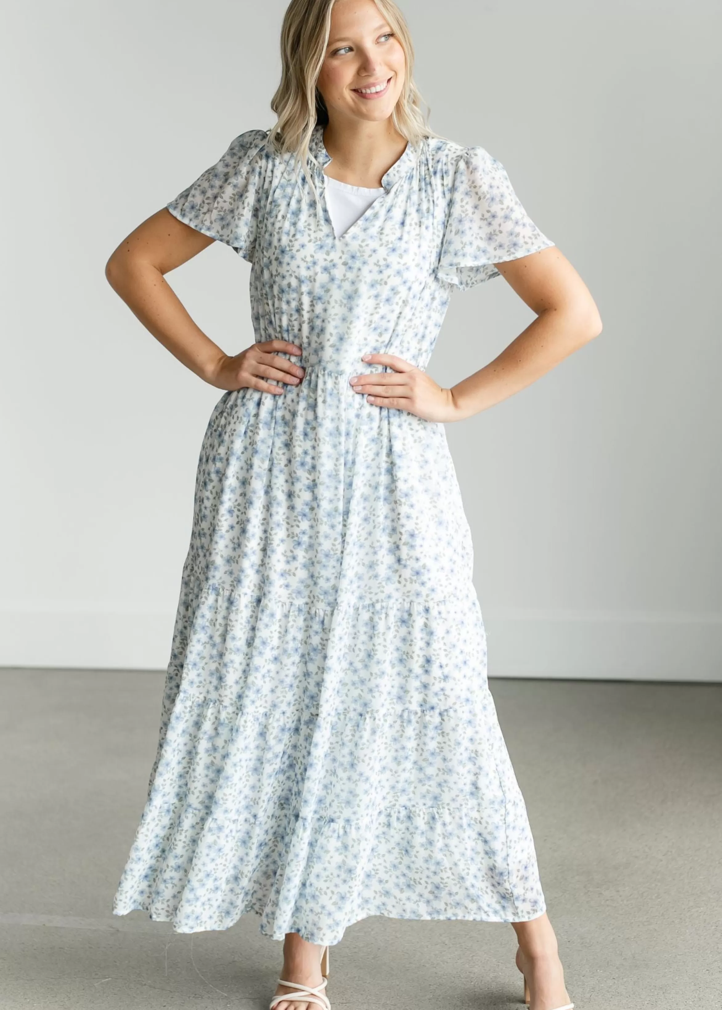 Polagram V-Neck Blue Floral Maxi Dress Online