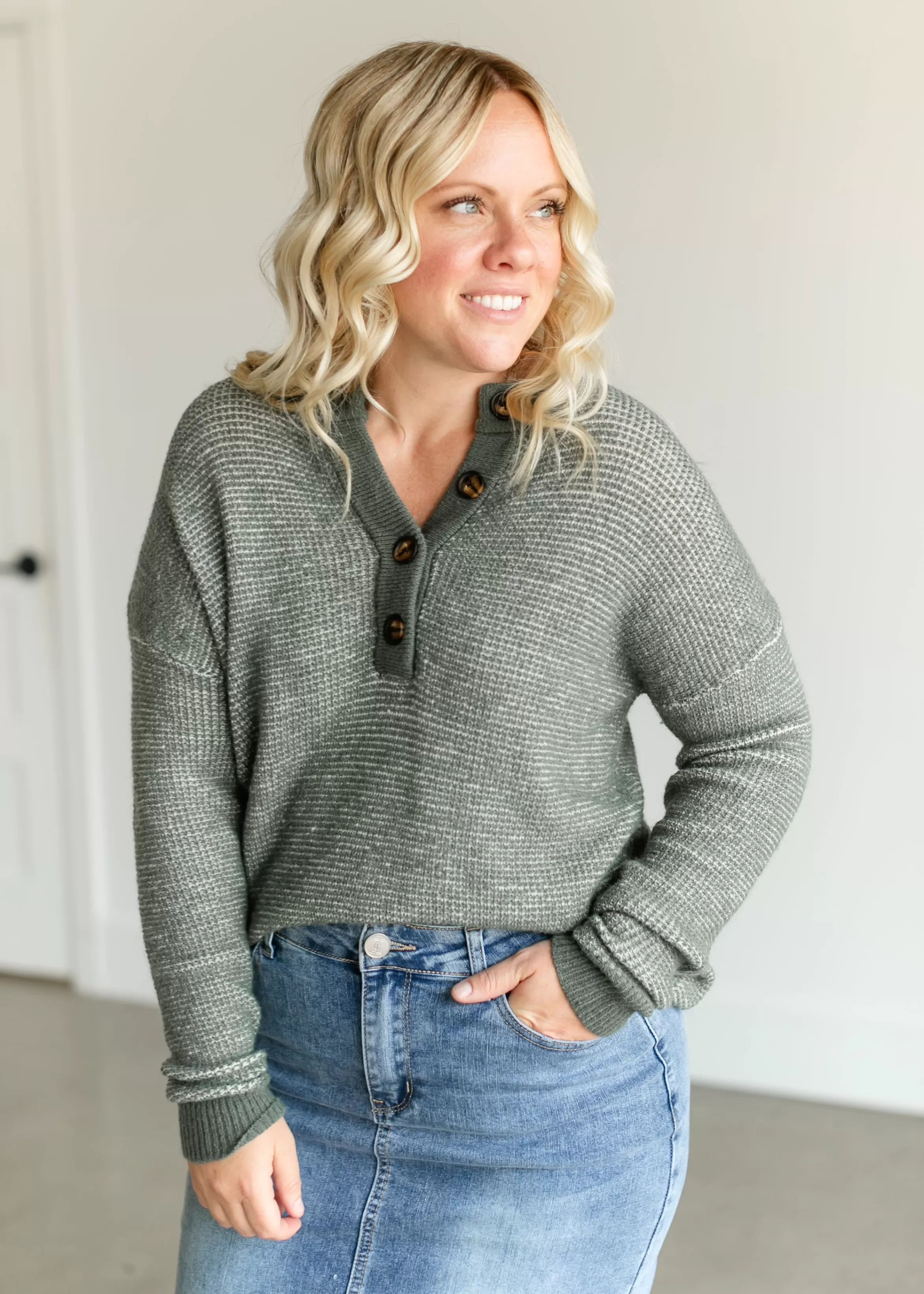 Staccato Waffle Henley Neck Sweater Flash Sale