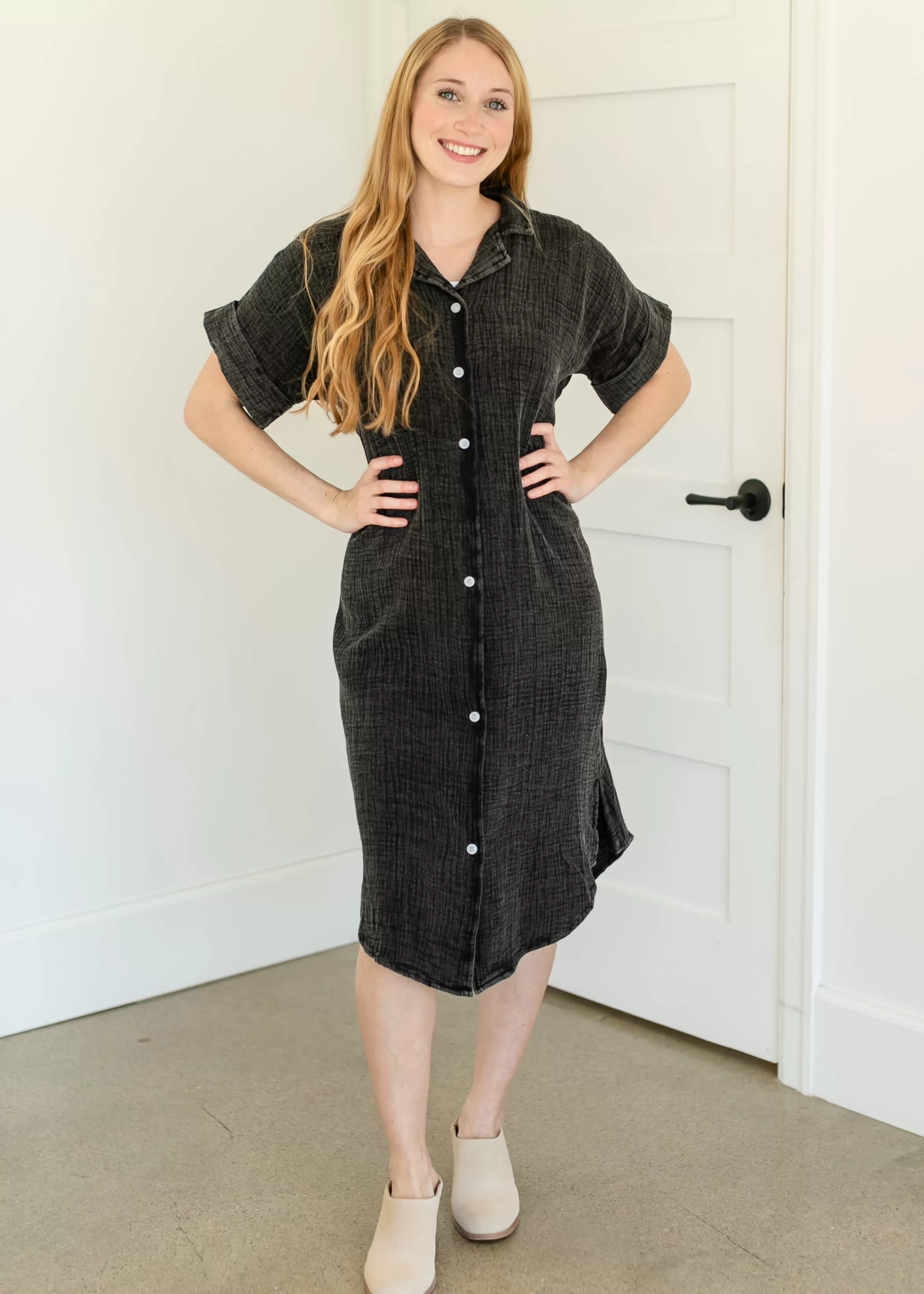 Tea N Rose Washed Button Down Midi Dress Discount