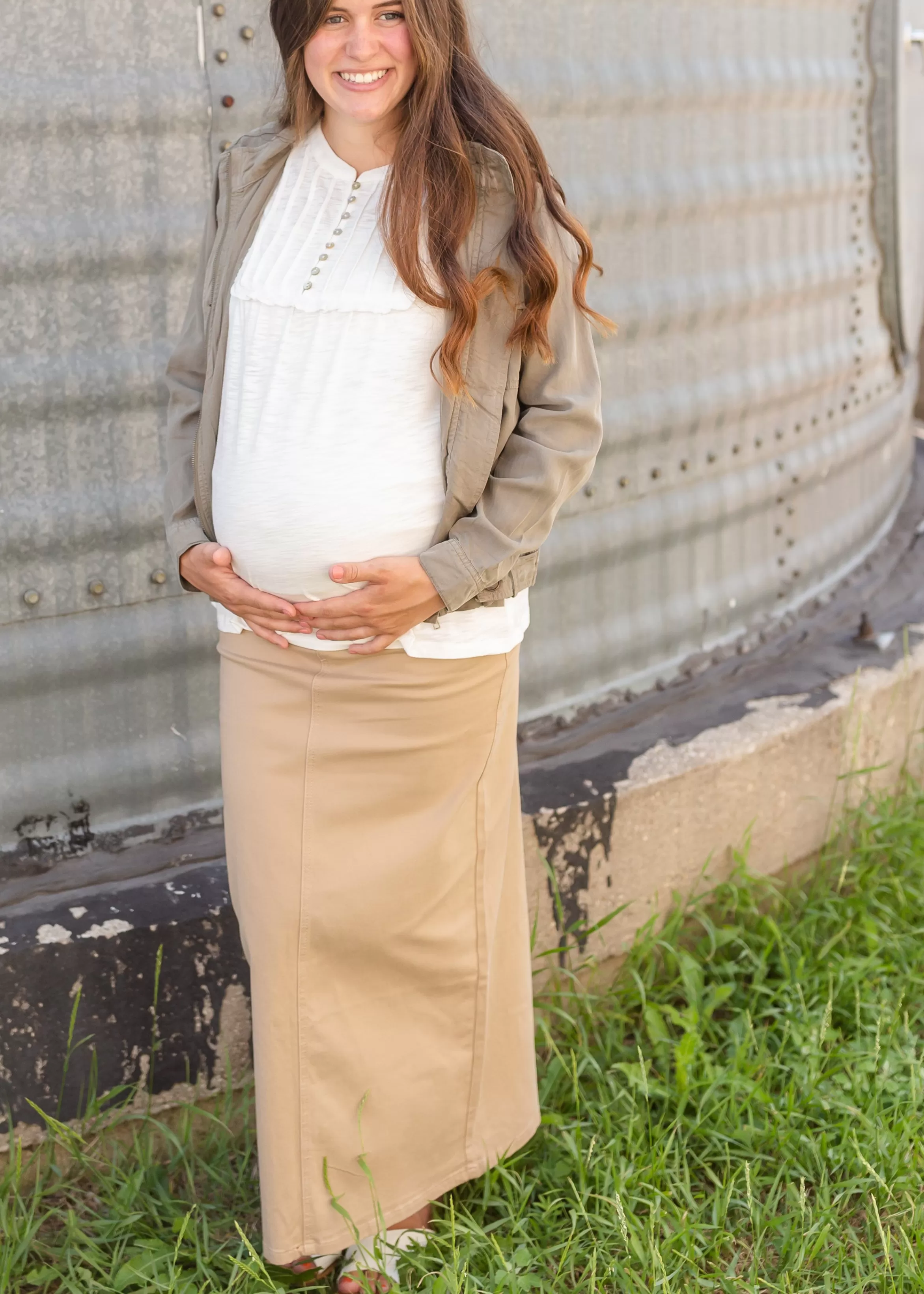 The Skirt Outlet - Sheer Beautydent Willow Khaki Long Maternity Skirt | Inherit Clothing Company Outlet