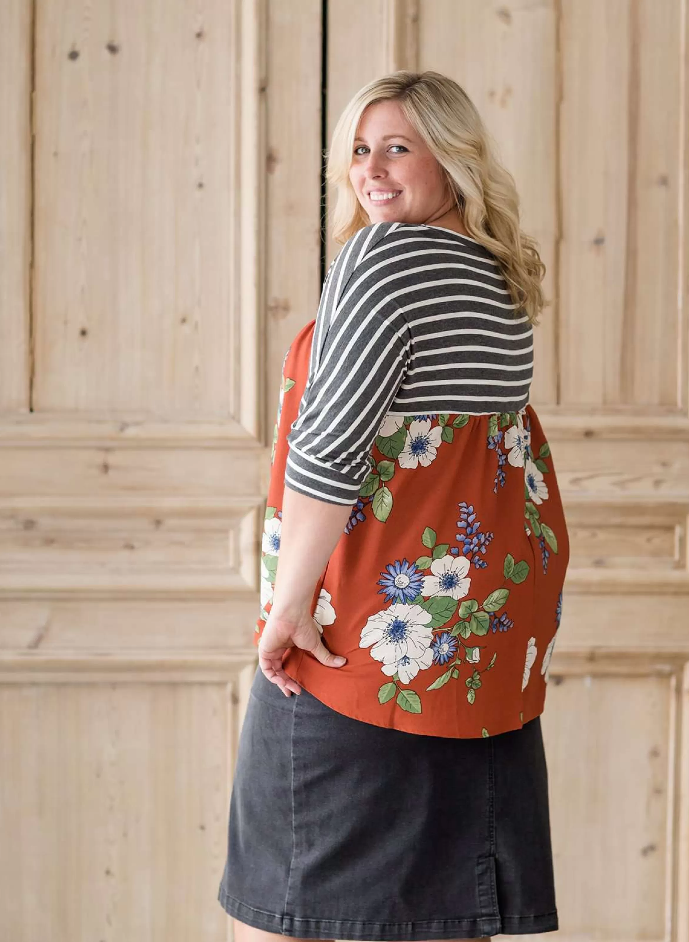 Oddi Women's Modest Striped Floral Mix Top | Inherit Clothing Company Clearance