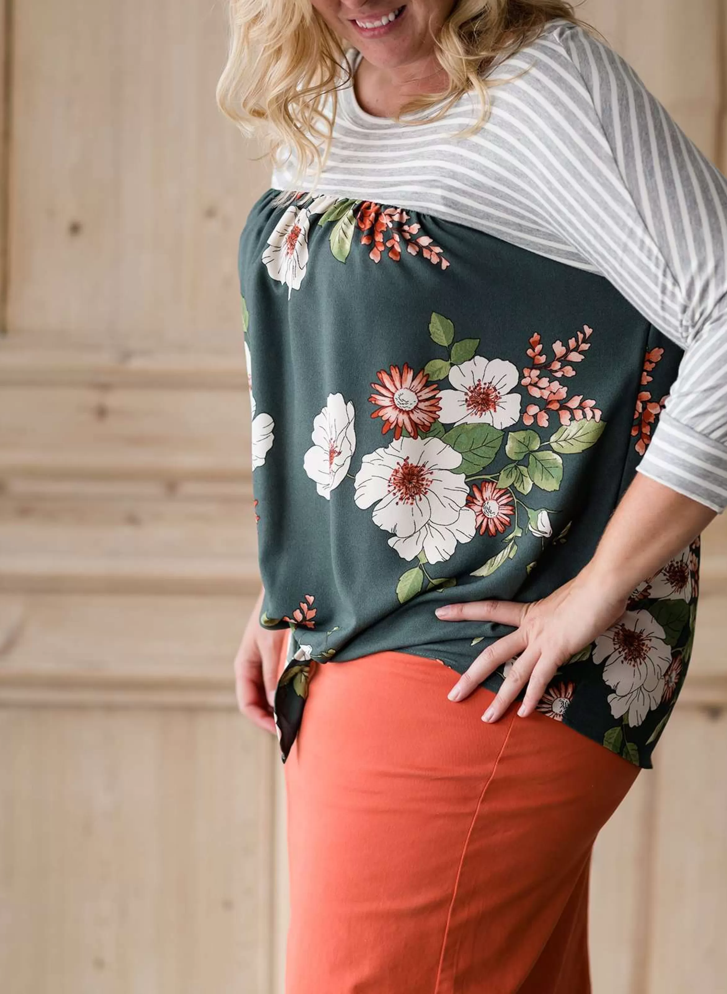 Oddi Women's Modest Striped Floral Mix Top | Inherit Clothing Company Clearance