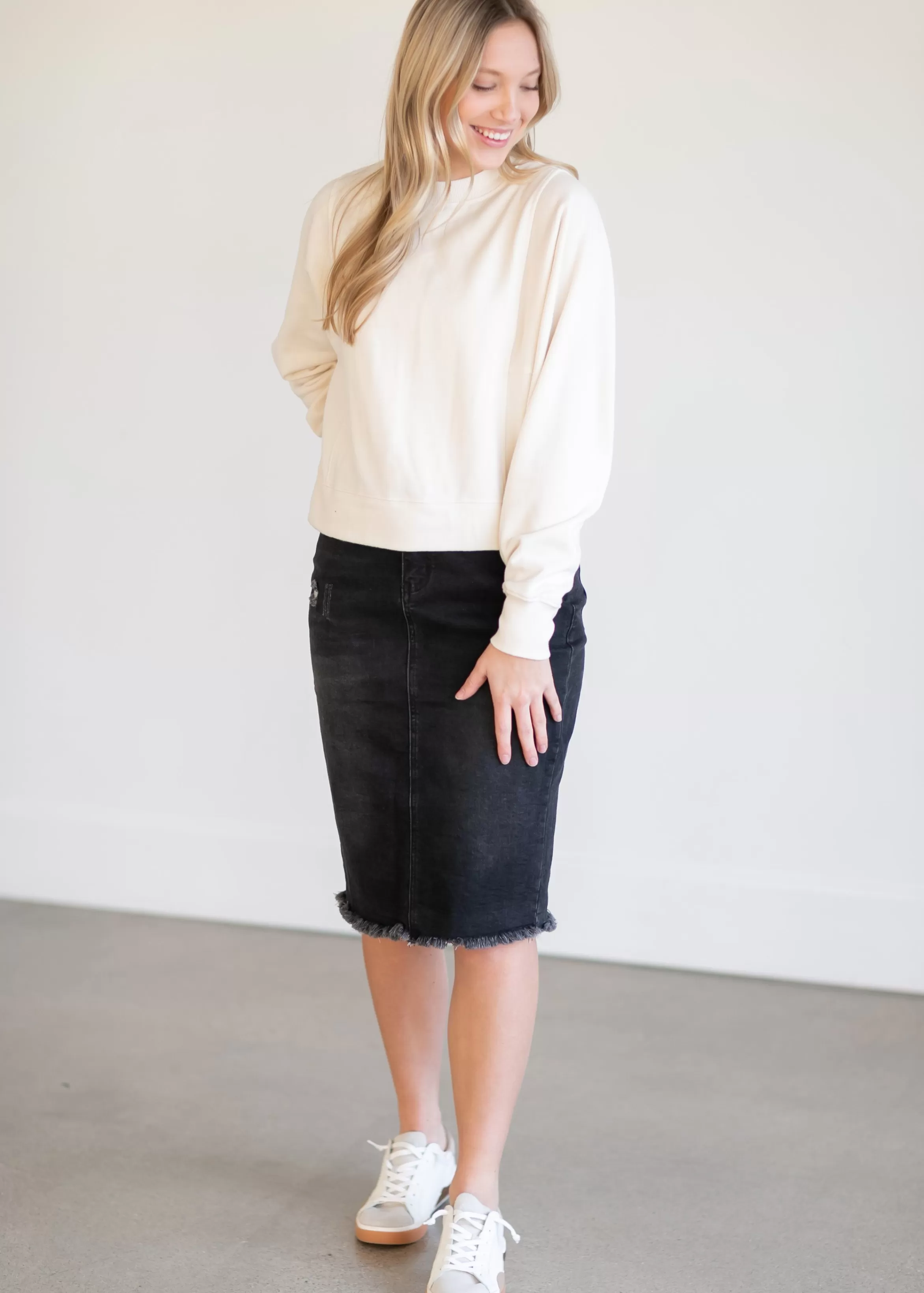 * Zoey Frayed Hem Black Denim Midi Skirt Sale