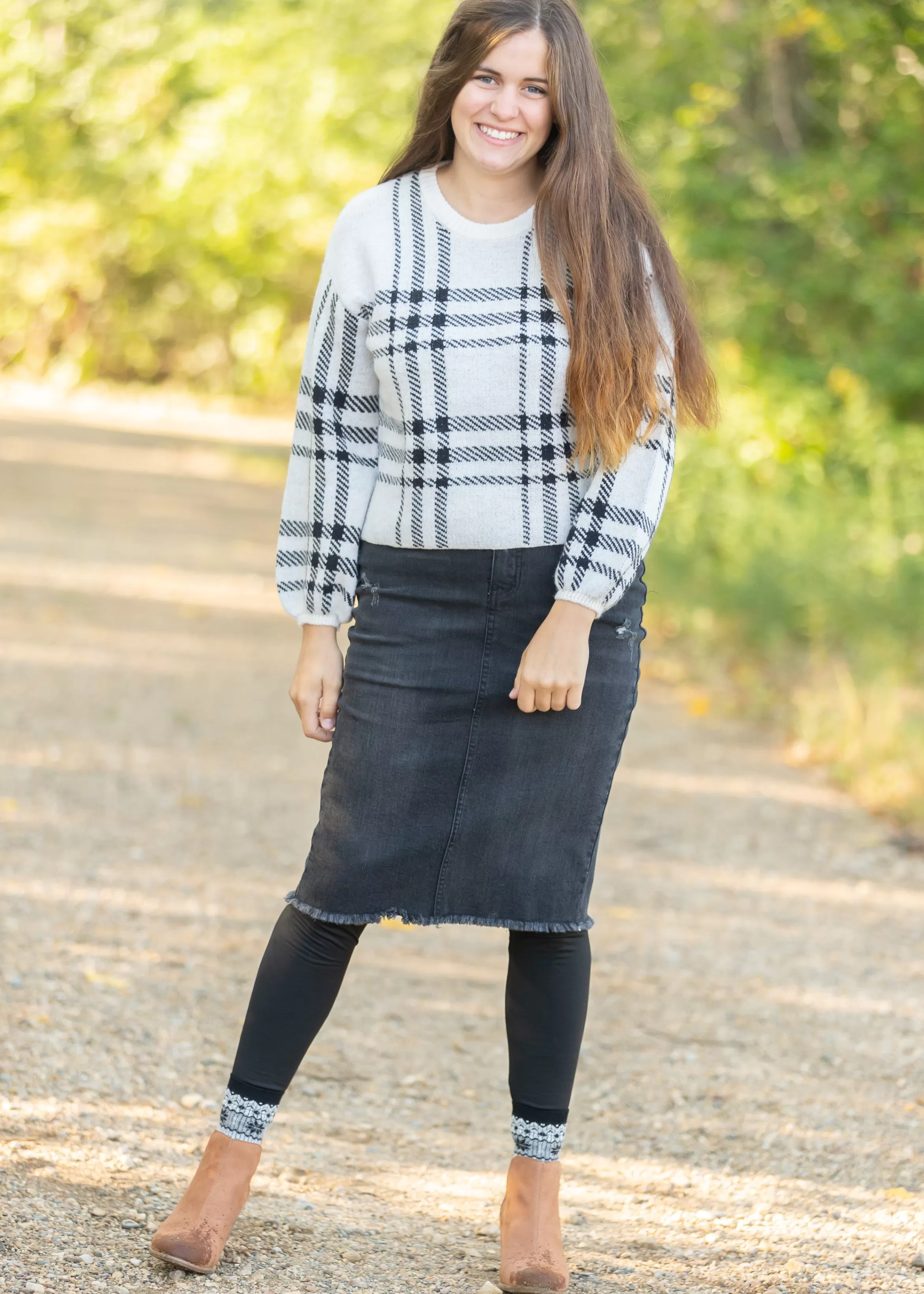 * Zoey Frayed Hem Black Denim Midi Skirt Sale